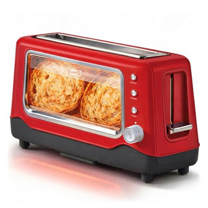 Dash Clear View Toaster | 10" Long Slot 2 Slice Toaster with See-Through Glass Window, 7 Browning Levels, Bagel, Defrost & Reheat Functions, Removable Glass Panel, Crumb Tray, Red - color: Red
