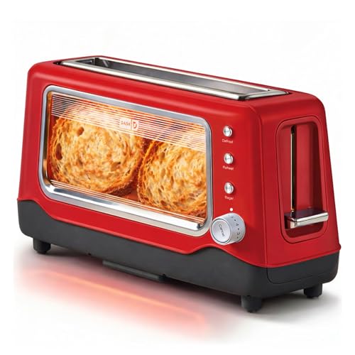 Dash Clear View Toaster | 10" Long Slot 2 Slice Toaster with See-Through Glass Window, 7 Browning Levels, Bagel, Defrost & Reheat Functions, Removable Glass Panel, Crumb Tray, Red - color: Red
