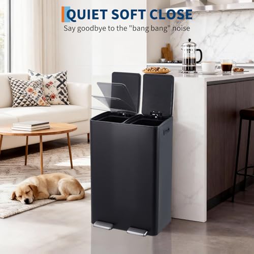 Garvee Dual Trash Can, 16 Gal (2 x 30 l) Stainless Steel Kitchen Garbage Can with Lid and Inner Bucket, Double Compartment Trash and Recycle Bin Combo with Step Pedal for Home Office, Black - color: Black, size: 30L+30L