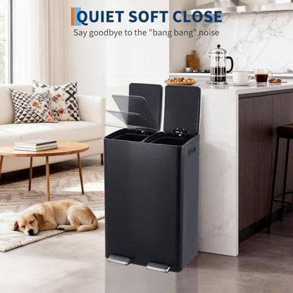 Garvee Dual Trash Can, 16 Gal (2 x 30 l) Stainless Steel Kitchen Garbage Can with Lid and Inner Bucket, Double Compartment Trash and Recycle Bin Combo with Step Pedal for Home Office, Black - color: Black, size: 30L+30L
