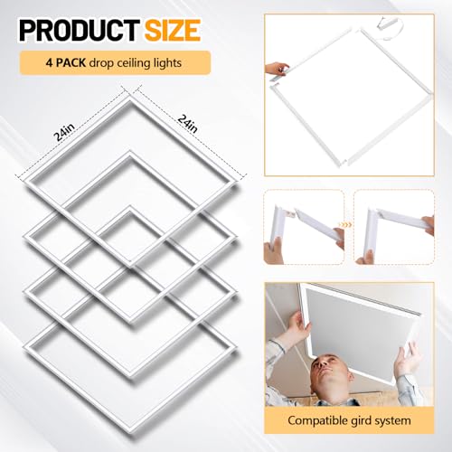VIHOSE 4 Pcs 2x2 ft Edge-lit Frame LED Flat Panel Lights Grid Drop Ceiling Lights with 3000K/4000K/6500K Selectable 110-265v for Offices Shops Bathrooms with Integrated Ceilings