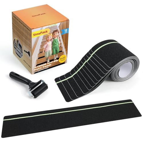 Outdoor Non Slip Tape 6'' x 32'' (12-Pack) High Traction Adhesive Treads with Free Roller - Heavy Duty 80 grit Non Slip Tape -Anti Skid Strips Black with Glow in The Dark Stripe - Grip Tape for Steps - color: Black with Glow In the Dark Stripe, size: 6 IN