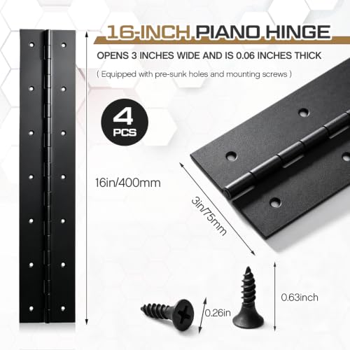 Zonon 4 Pack Heavy Duty Piano Hinge 16'' x 3' Width 0.060'' Thick, Black - color: Black, size: 16''