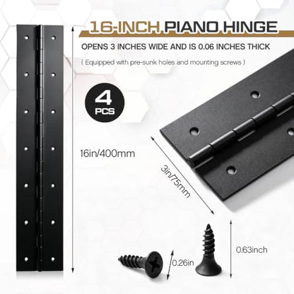 Zonon 4 Pack Heavy Duty Piano Hinge 16'' x 3' Width 0.060'' Thick, Black - color: Black, size: 16''