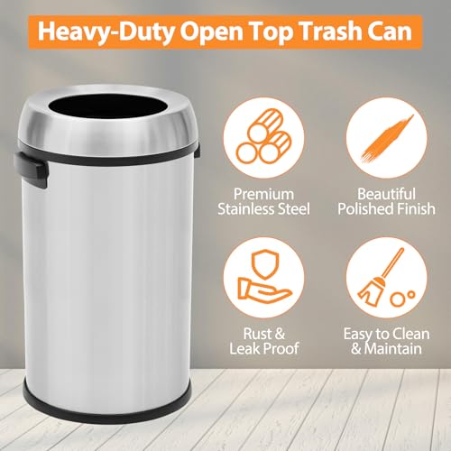 GarveeHome 17 gal/65 L Open Top Trash Can, Stainless Steel Rubbish Bin, Commercial Grade Waste Container, Round Garbage Can for Outdoor, Home Office, Restaurant, Silver - color: Silver, Open Top