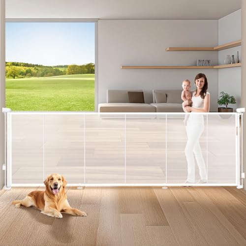 120" Extra Wide Retractable Baby Gates Mesh Gate, Long Retractable Dog Gate for Large Opening, 42" Extra Tall Child Safety Gate Pet Gate with Support Rods for Stairs Hallways Doorways Indoor Outdoor - color: White, size: 42" Tall x 120" Wide