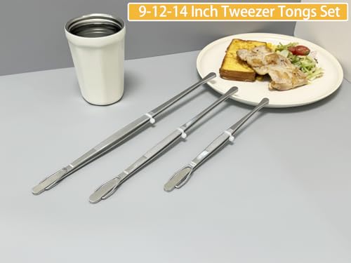 JETKONG 3 Pcs Extra Long Kitchen Tweezers 9 12 14 Inch Heavy Duty Stainless Steel Cooking Tweezers (Round Tips, Silver) - color: Silver, size: Round Tip-9 12 14