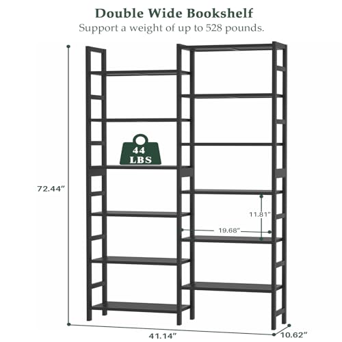 Homykic 72.5” Tall Bamboo Bookshelf Black, 6-Tier Double Wide Open Bookcase - color: Black, size: Double Wide