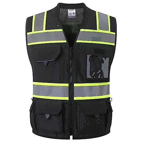 JKSafety Hi-Vis Unisex Surveyor Safety Vest Heavy Duty PPE Inner Pockets ANSI/ISEA Compliant - color: 188-black, size: XX-Large
