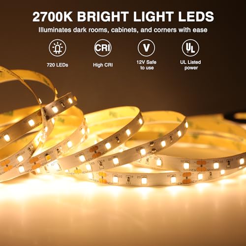 Onforu Warm White LED Strip Lighting, 39.37ft 3000K Dimmable Led Tape Light, 12m Bright 720 LEDs 2835 Flexible Ribbon Christmas Light, 12V Adhesive Rope Lights for Kitchen, Under Cabinet, Bedroom - color: Warm White, size: 39.37FT