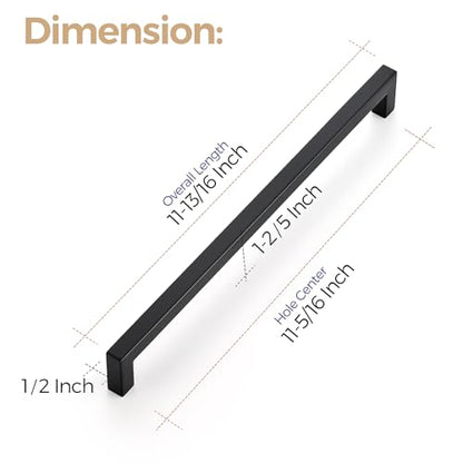 Ravinte Matte Black Cabinet Handles Square Pulls 11-5/16 Inch 10 Pack - size: 11-13/16 Inch (11-5/16 Inch Hole Center)