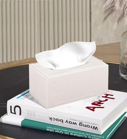 Linen Tissue Box Cover Rectangle,Aesthetic Facial Tissue Cube Box Holder - color: Cream