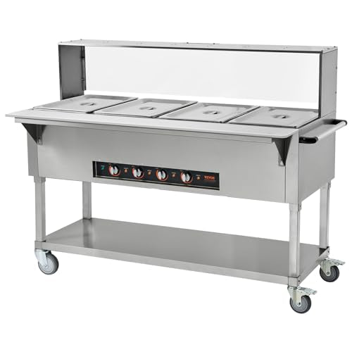 VEVOR 4-Pan Commercial Food Warmer, 4 x 20.6QT Electric Steam Table, 2000W Professional Buffet Catering Food Warmer with Acrylic Sneeze Guard, Food Grade Stainless Steel Server for Party Restaurant - size: 4-Pan (96 QT)