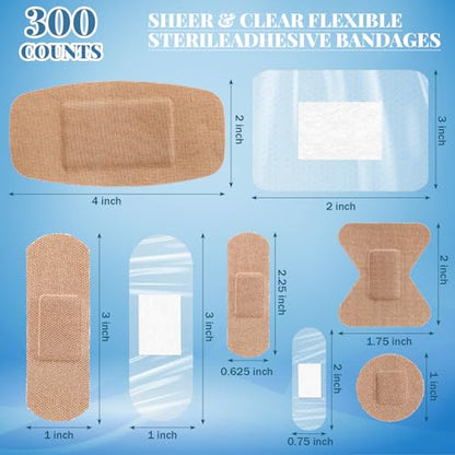 Geiserailie 300 Pcs Adhesive Fabric Bandages Bulk,Clear and Fabric Bandage - style: Clear and Fabric Bandage