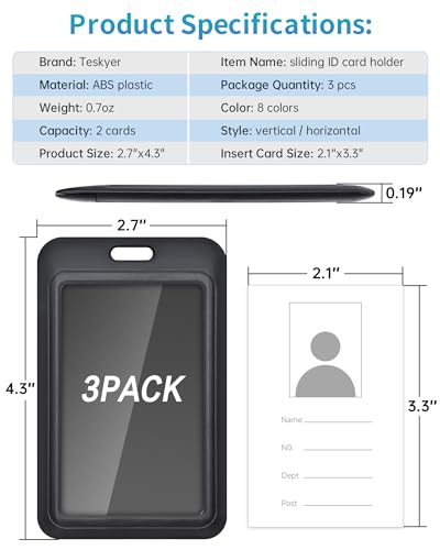 Teskyer 3 Pack Sliding ID Badge Holder, Vertical, Black - color: Black