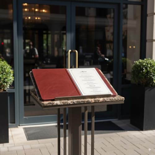 Premium Vegan Leather Menu Cover 8.5 x 11, 4 Page 8 View Menu Folder with Clear Sleeves, Restaurant Menu Holder, Portfolio Binder, Sheet Music Folder, Hotel & Guesthouse Presentation Book - color: Mahogany Red