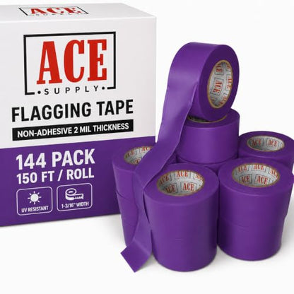 ACE Supply Purple Flagging Tape 144 Pack - Non-Adhesive Survey Tape - 1-3/16 Inch Width, 150 Ft Length, 2 Mil - Tree Marking Ribbon, Surveyors Ribbon - color: Purple, size: 144 Pack
