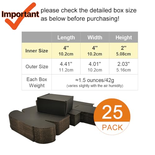 4x4x2'' Small Shipping Boxes 25 Pack, Black Corrugated Cardboard Mailers for Small Business (CM442B25) - color: Black-25 Pack, size: 4x4x2''