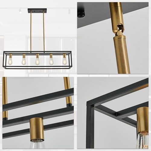 Kitchen Light Fixtures Farmhouse Rectangle Chandeliers Dining Room Light for Dining Rooms, Light Fixture Matte 5-Light Industrial Pendant Lighting - color: Black&Brass, size: 5 Lights