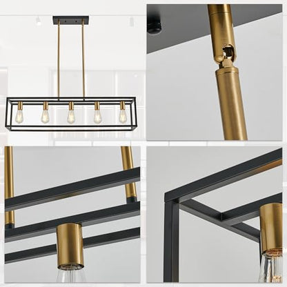 Kitchen Light Fixtures Farmhouse Rectangle Chandeliers Dining Room Light for Dining Rooms, Light Fixture Matte 5-Light Industrial Pendant Lighting - color: Black&Brass, size: 5 Lights