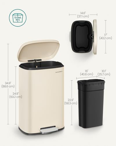 SONGMICS 13 Gallon (50 L) Trash Can, Stainless Steel, Step-On Pedal - color: Sand Beige, size: 13 Gal.