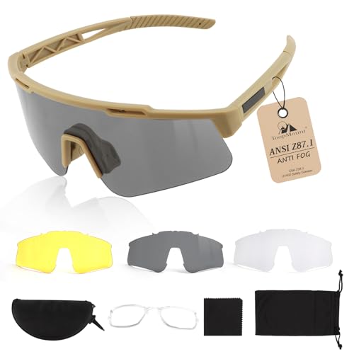Tactical Eyewear Anti Fog, ANSI Z87.1 Sports Glasses with 3 Interchangeable Lens UV400 Protection Airsoft Goggle - color: Khaki Frame