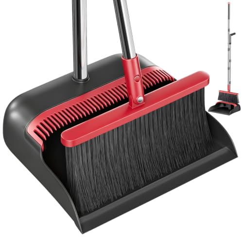 Broom and Dustpan Set, 52" Long Handle with Dust Pan Teeth, Red - color: Black & Red