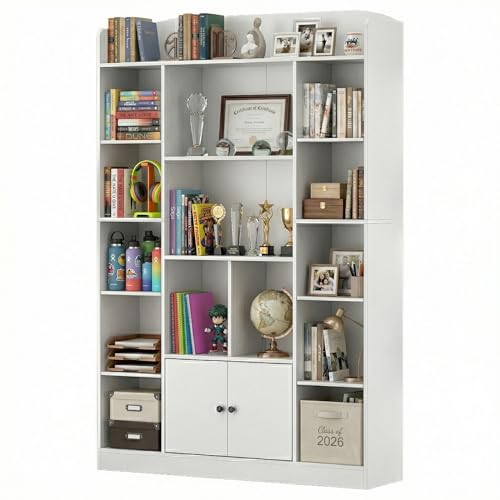 DIYART 63" Tall White Bookshelf with 14 Cubbies & 2 Cabinets, 5-Tier Large Bookcase, Freestanding Storage Shelf for Living Room, Study, Hallway, Home Office (41.3" W x 63" H) - color: White, size: 41.3"W x 63"H