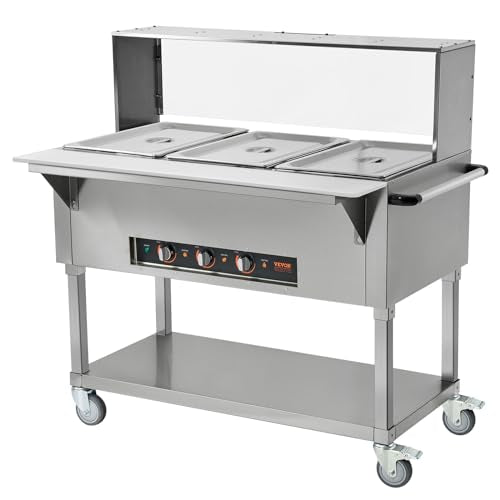 VEVOR 3-Pan Commercial Food Warmer, 3 x 20.6QT Electric Steam Table, 1500W Professional Buffet Catering Food Warmer with Acrylic Sneeze Guard, Food Grade Stainless Steel Server for Party Restaurant - size: 3-Pan (72 QT)