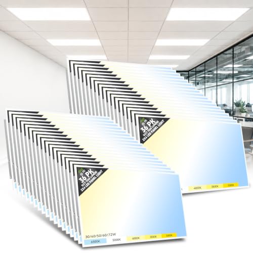 OKQ 2x4 LED Flat Panel Light Drop Ceiling Office Fixture, 5 CCT 3000K-6500K Adjustable & 5 Wattage Selectable,0-10V Dimmable, 2X4 LED Flush Mount Ceiling Light, ETL Listed 36 Pack - size: 2x4FT-36Pack