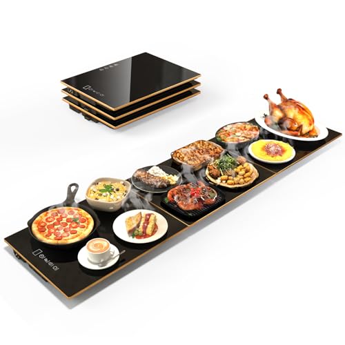 Food Warmers for Parties Buffet, （47"x12"） Assemblable Stackable Electric Warming Tray with 8-Level Temperature Adjustment and 8-Hour Timer, Upgraded Desktop-Protecting Food Warming Mat - size: Tri-Plate:47"x12"