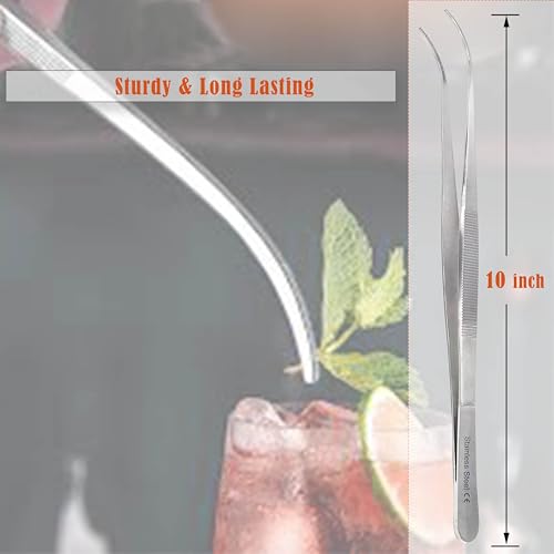 Professional Culinary Stainless Steel Precision Tongs with Serrated Tips, Plating/Food Presentation Detailing Serving Tongs, Chef's Kitchen Tweezer Tongs - Ultra Non-Slip Grip (10 Inch Curved) - size: 10" Curved Slim
