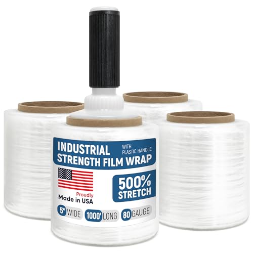 5” x 1000’ Stretch Wrap Mini 4 Rolls with Handle – Clear Plastic Stretch Film 80 Gauge, 500% Elongation, Heavy Duty Shrink Wrap for Moving, Packing & Shipping - style: Pack of 4