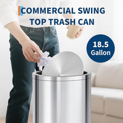 18.5 Gallon/70L Stainless Steel Trash Can with Swing Top Lid, Silver Bathroom Garbage Can with Heavy Duty Removable Inner Bucket, Round Indoor Recycle Waste Bin for Kitchen, Office, Living Room, Hotel