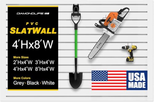 Heavy Duty 4'H x 8'W PVC Garage SlatWall Storage System (with Endcaps & Screws) - Modular Slat Wall Paneling for Garage Wall Organizer - Interlocking SlatWall Panels for Home & Commercial Use (White) - color: White, size: 4'H x 8'W