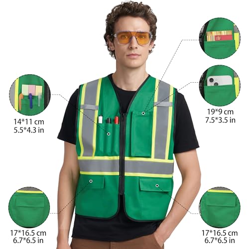 A-KSAFETY High Visibility Safety Vest for Men Women with Pockets and Zipper - color: Green, size: 5X-Large