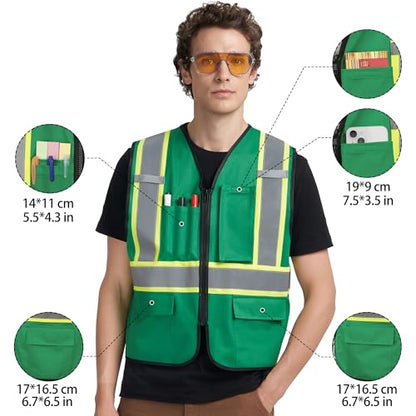 A-KSAFETY High Visibility Safety Vest for Men Women with Pockets and Zipper - color: Green, size: XX-Large