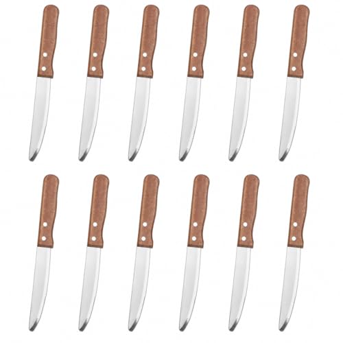 New Star Foodservice 10 Inch Steak Knife Set of 12, Jumbo Serrated Stainless Steel Knives with 5 Inch Rounded Blades and Wood Handles