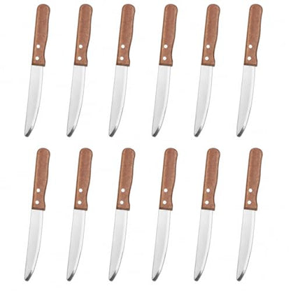 New Star Foodservice 10 Inch Steak Knife Set of 12, Jumbo Serrated Stainless Steel Knives with 5 Inch Rounded Blades and Wood Handles