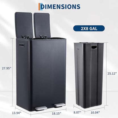 Garvee Dual Trash Can, 16 Gal (2 x 30 l) Stainless Steel Kitchen Garbage Can with Lid and Inner Bucket, Double Compartment Trash and Recycle Bin Combo with Step Pedal for Home Office, Black - color: Black, size: 30L+30L