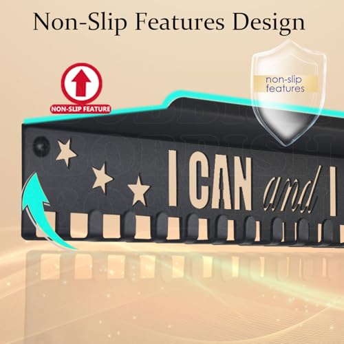 iBobbish Metal Medal Hanger Display,Non-Slip Trophy Shelf with 20 Hooks,Wall Mount,Heavy Duty,Non-Bent,Holds 22-33lbs,for Gymnastics,Race,Soccer,Swim - color: Black, style: NON-SLIP I CAN and I WILL