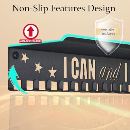 iBobbish Metal Medal Hanger Display,Non-Slip Trophy Shelf with 20 Hooks,Wall Mount,Heavy Duty,Non-Bent,Holds 22-33lbs,for Gymnastics,Race,Soccer,Swim - color: Black, style: NON-SLIP I CAN and I WILL