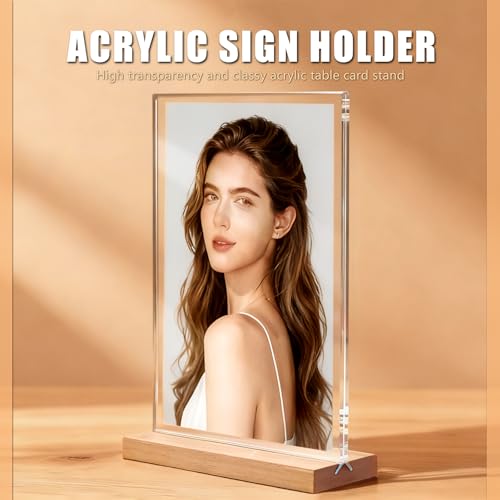 4×6 inch Acrylic Table Top Sign Holder with Beech Wood Base – Double-Sided Menu Display Stand, QR Code Frame, Small Table Sign for Restaurant & Wedding(6pack)