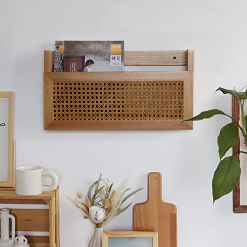 Wall Magazine Rack with PE Rattan Grid,Size 17.3" x 4" x 9.4",File Holder For Entryway,Living Room,Waiting Room,Kids’ room,Office(Retro Brown)