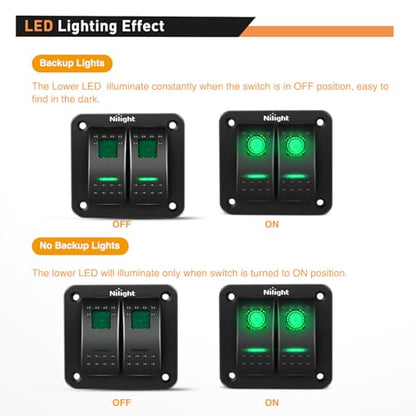 Nilight 2 Gang 3 Pin Rocker Switch Panel On Off SPST Toggle Green - color: Green, size: 2 Gang