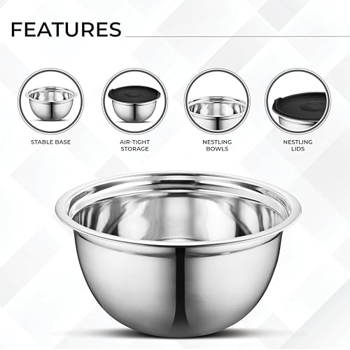 AVADOR Premium Brushed Stainless Steel Mixing Bowls Sets, Easy To Clean, Space Saving, Great for Cooking, Baking, Prepping Needs 0.25qt, 1qt, 1.5qt, 3qt, 5qt (8 pc with Lid and Grater) - size: 8 pc (0.25 qt, 1 qt, 1.5 qt, 3 qt, 5 qt)