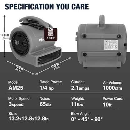 MOUNTO 1/4hp 1000CFM 2 Speed Air Mover Carpet Dryer Floor Fan Cooling Fan (Grey) - color: Grey