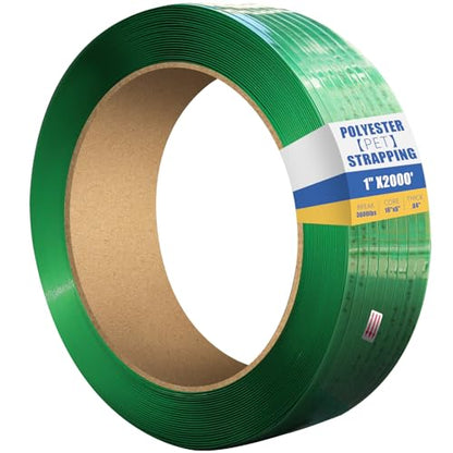 1" x.04" x2000ft Polyester (PET) Strapping Roll of 16"x6" Core Size 3000lbs Break Strength Green - size: 1" x2000'