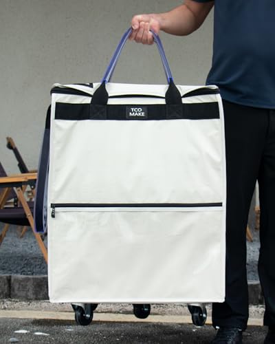 Large Beige Reusable Grocery Bag on Wheels, Folding Rolling Tote - color: Beige, size: Large