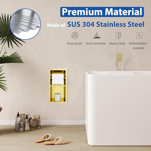 Qeke Recessed Toilet Paper Holder, Dual Rolls Tissue Toilet Holder, Golden - color: Brushed Golden